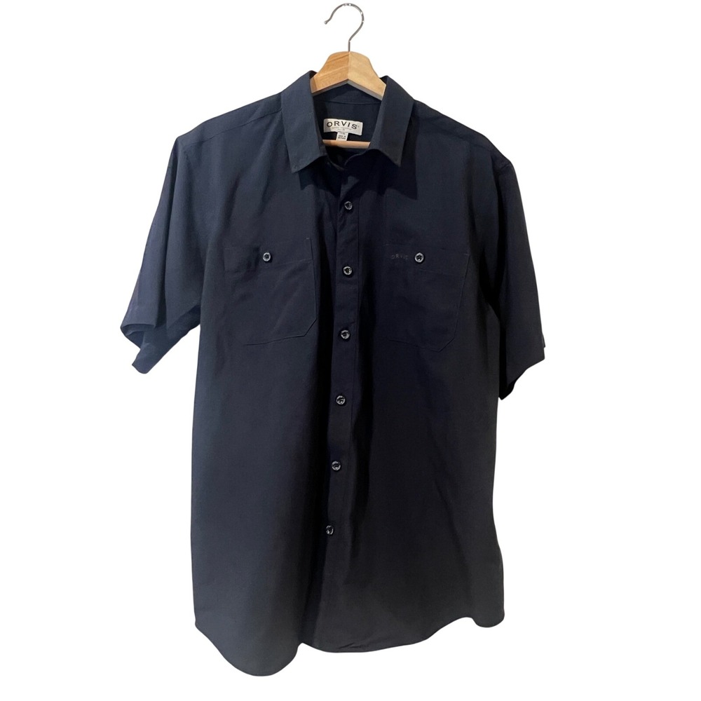 Orvis Men's Button Down Shirt Navy Blue Short Sleeve Pocket Classic Outdoor L